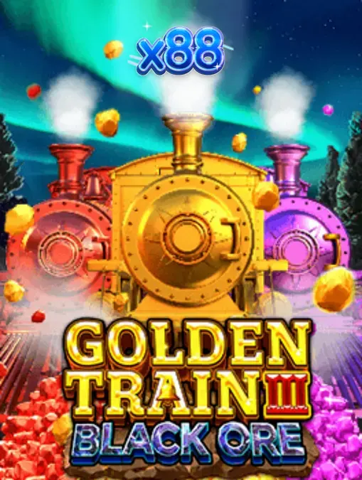Tampilan visual slot Golden Train III: Black Ore dengan latar belakang ngarai dan simbol tambang.