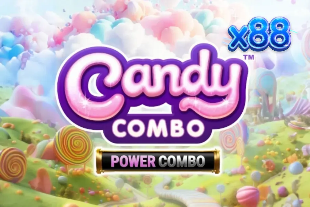 Tampilan visual permainan slot Candy Combo Power Combo King Millions dengan latar belakang kastil permen.